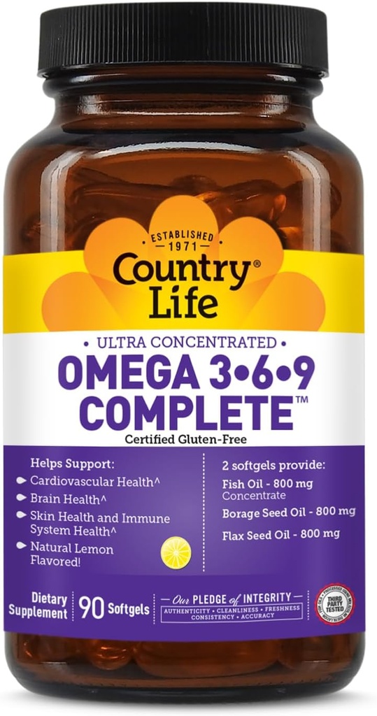Country Life Omega 3-6-9 Suplemento completo - 1,534mg Omega Fatty Acids - Asistencia Cardiovascular, Brain, Skin &amp; Immune Health - Certified Gluten Free, Non-GMO - 90 Softgels