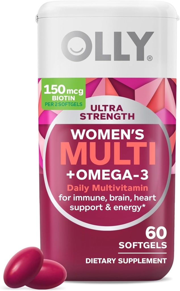 OLLY Ultra Women's Multi Softgels, Overall Health and Immune Support, Omega-3s, Iron, Vitamins A, D, C, E, B12, Daily Multivitamin, 30 Day Supply - 60 Count