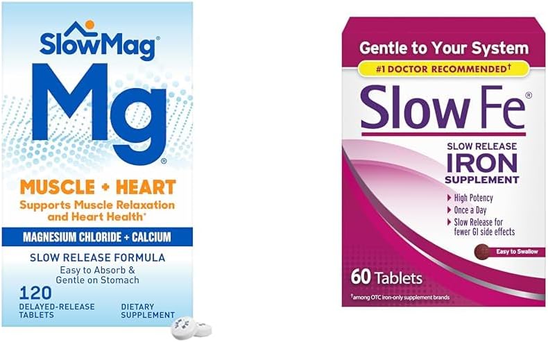 SlowMag Muscle Heart Magnesium Chloride Calcium 120 Count & Slow Fe 45mg Iron Deficiency Supplement 60 Count