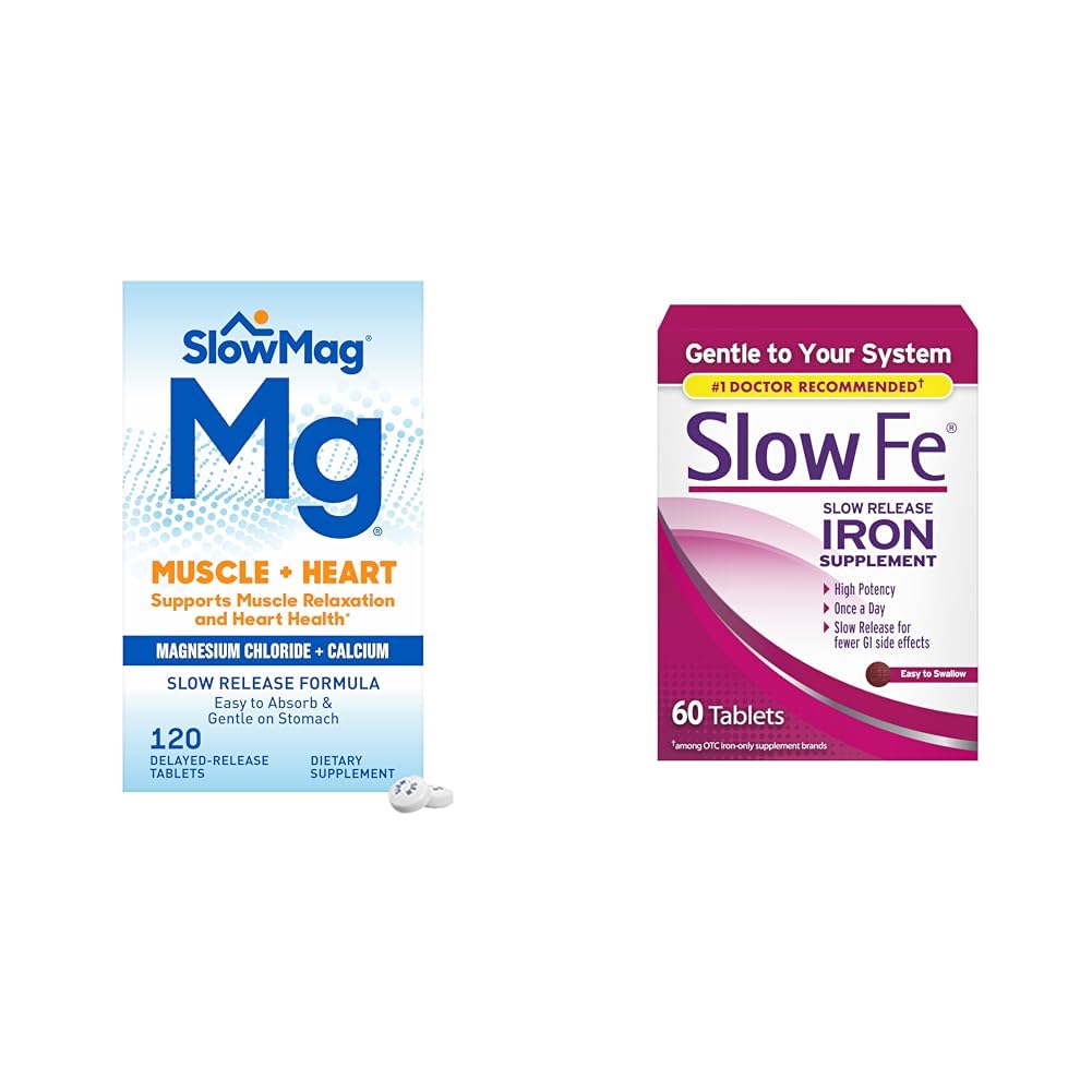 SlowMag Muscle Heart Magnesium Chloride Calcium 120 Cuenta & Lenta Fe 45mg Iron Deficiency Suplemento 60 Cuenta