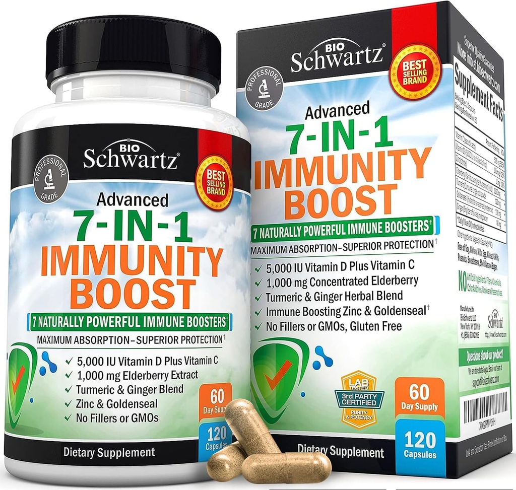 Suplemento de apoyo inmunitario con vitamina C Vitamina D 5000 IU Elderberry Ginger D3 Goldenseal - Dr Aprobado Vitaminas de Inmunidad para Adultos Mujeres y Hombres - Natural Immune System Booster Defense -120ct