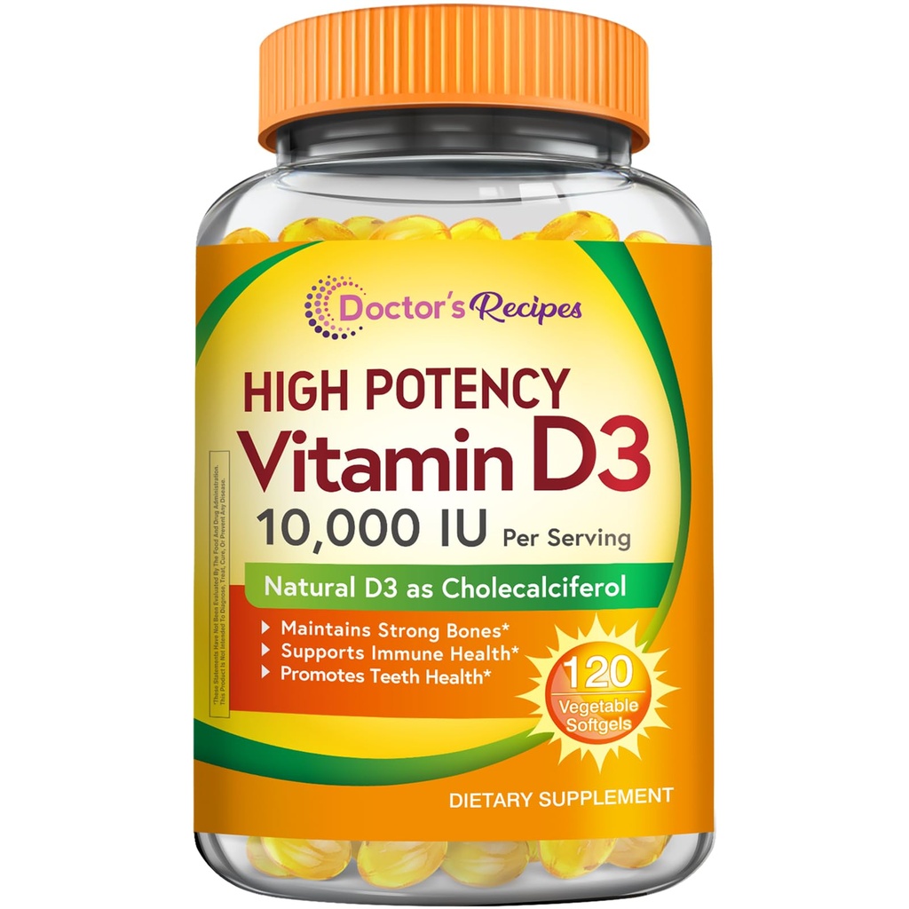 Recetas del doctor Vitamina D3 10000 UI, Huesos, Dientes y Apoyo Inmunitario, No GMO, No Gelatina, Gluten o Soy, 120 Softgeles vegetarianos