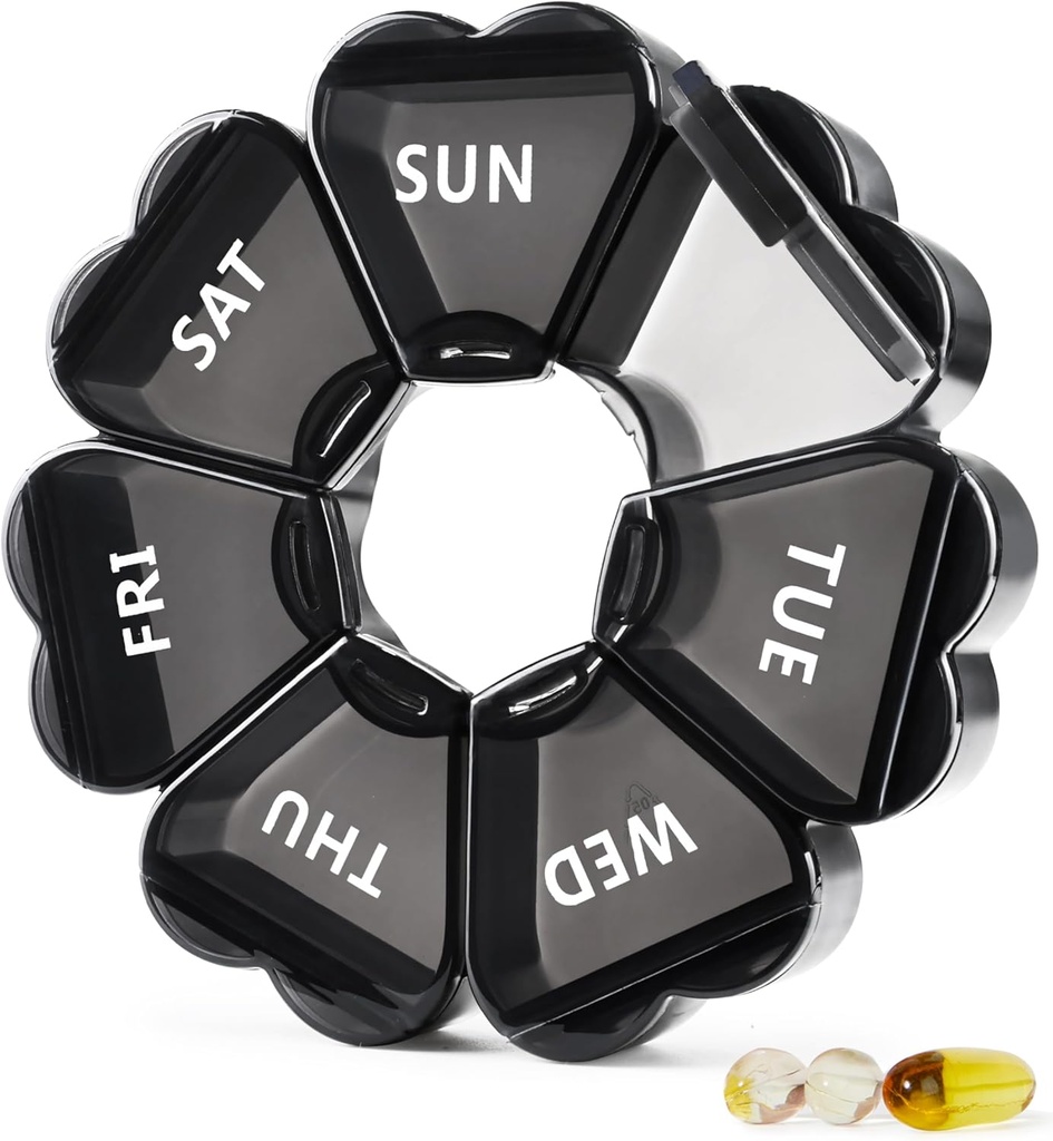 MOLN HYMY gran organizador de píldoras 7 días, bonita caja semanal de píldoras, lindo dispensador de medicina para niña Container para vitamina, gominola, medicamentos, suplemento (negro)