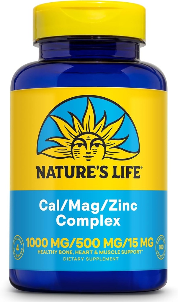 NATURE'S LIFE Cal Mag Zinc Complex 1000mg / 500mg / 15mg - Calcium Magnesium Zinc Supplement w/Vitamin D and Boron - Bone Health, Muscle and Heart Health Support, 60 Day Guarantee, 25 Serv, 100 Caps
