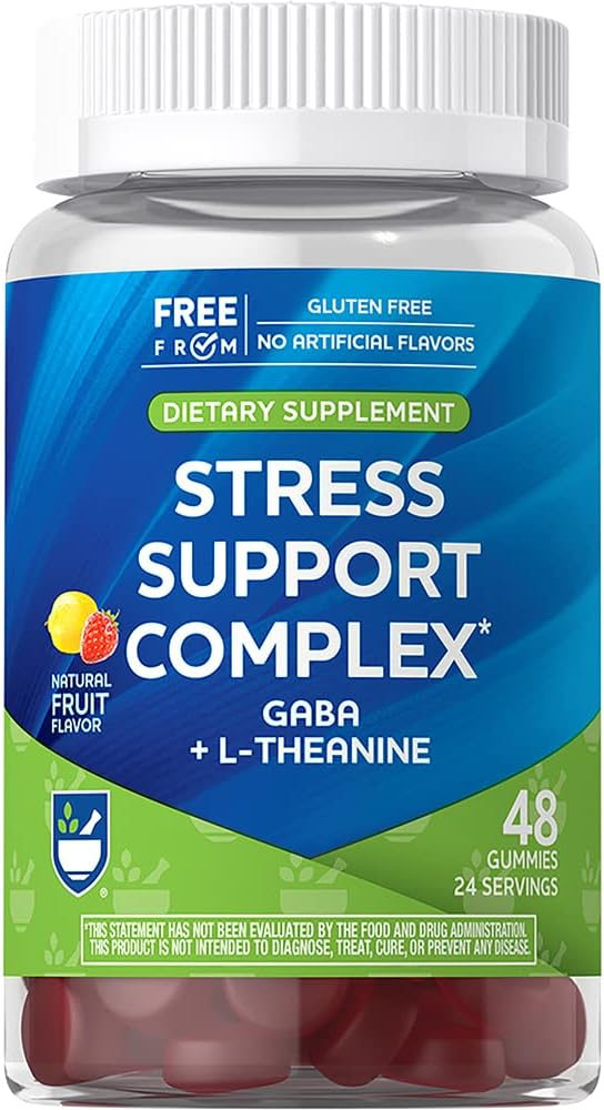 Rite Aid Stress Support Complex, Natural Flavored Gummies, 48 Conde, 100 mg de GABA (Gamma-Aminobutyric Acid), 10 mg de L-Theanine y 75 mg de Lemon Balm Extract