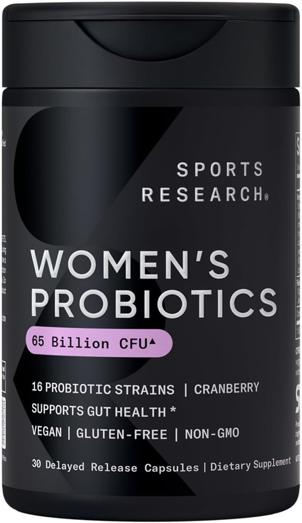 Sports Research® Probióticos para Mujeres con Prebióticos, 65 Billones CFU - Capsules Vegan para Gut Health &amp; Digestive Support, Probióticos para Mujeres con Arándano - No GMO Verificado &amp; Gluten Gratis - 30 Cuenta