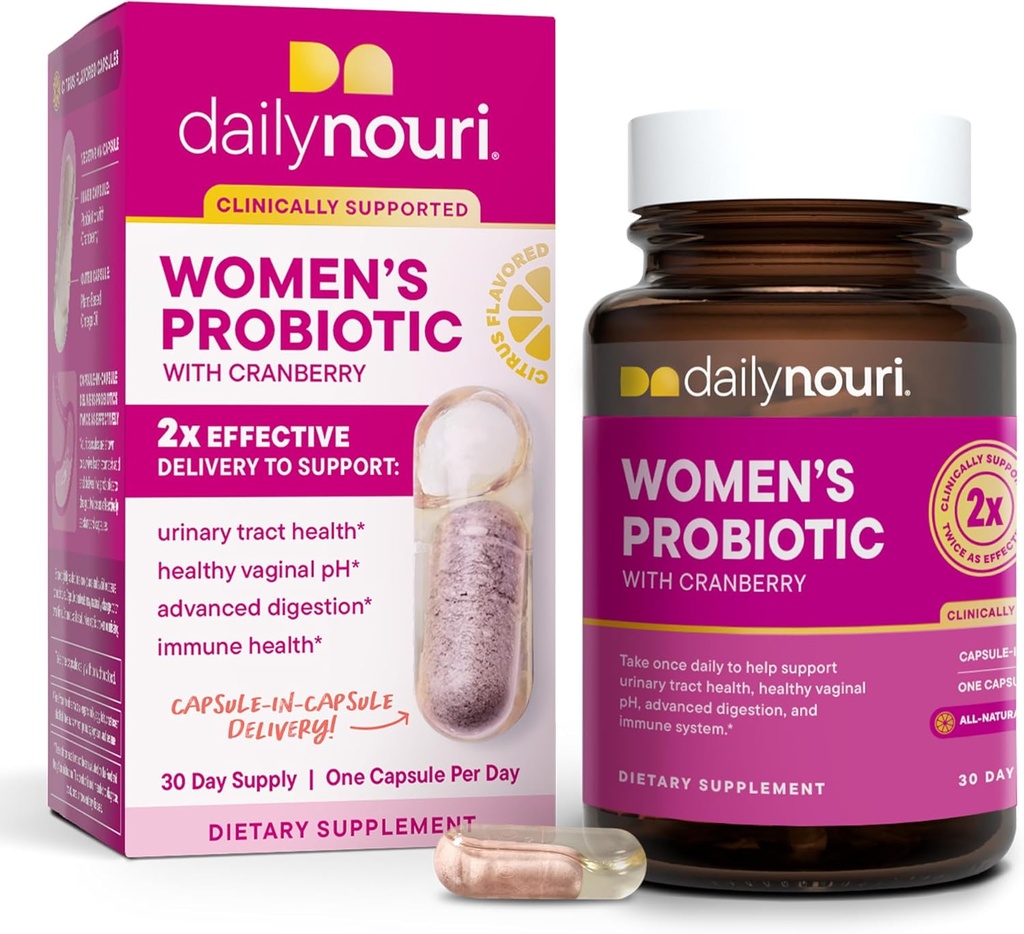 Daily Nouri Women’s Probiótico Silencioso Apoyo Vaginal pH, Urinary Tract, Digestive & Immune Health TEN 5 Clinically Studied Strains + Cranberry & Vegan Omega Oil TEN 30-Day Supply