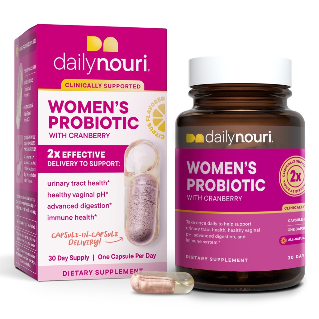 Daily Nouri Women’s Probiótico Silencioso Apoyo Vaginal pH, Urinary Tract, Digestive & Immune Health TEN 5 Clinically Studied Strains + Cranberry & Vegan Omega Oil TEN 30-Day Supply