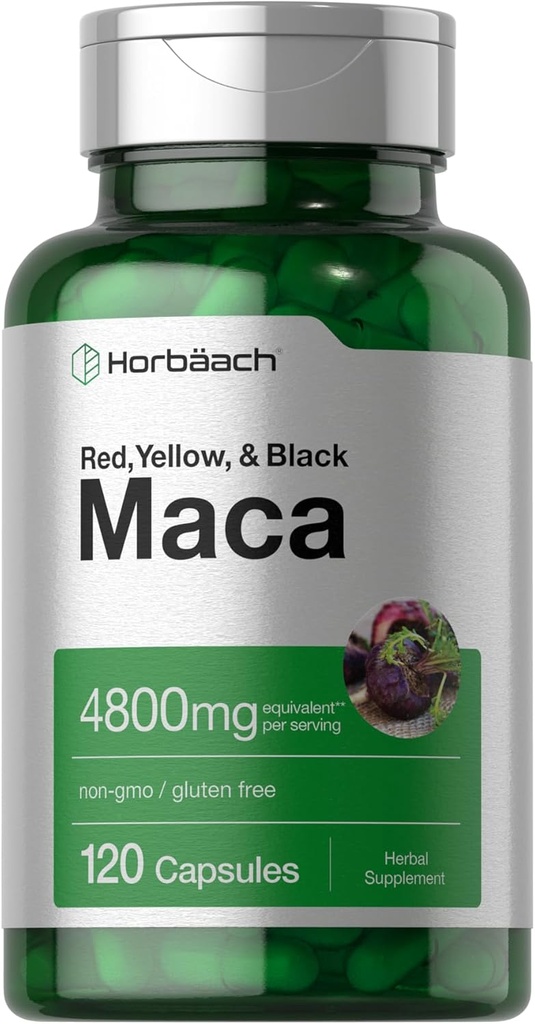 Horbäach Maca Root Capsules para Hombres y Mujeres TENIDO 120 Píldoras TENIDO Extracto de Alta Potencia ← Non-GMO y Gluten Free Formula