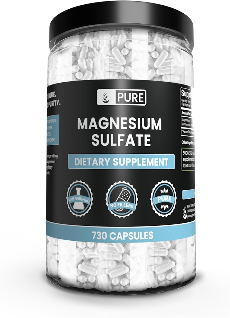 Ingredientes originales puros Sulfato de magnesio (730 capsules) No hay rifles de arroz, siempre puros, lab verificados