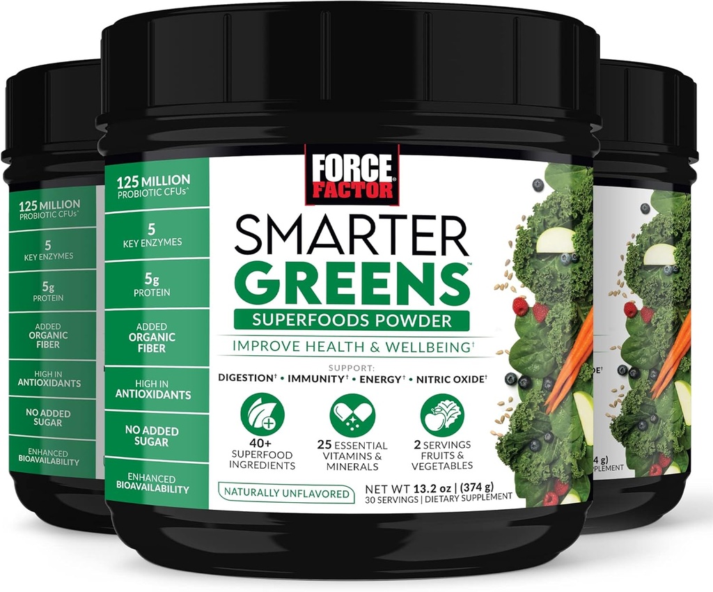 FORCE FACTOR Smarter Greens Superfoods Powder, 3-Pack, soporta la digestión y el rubor, la inmunidad y la energía, Greens Powder con Probióticos, Enzymes Digestivas, Antioxidantes y Fiber, 90 Servimientos