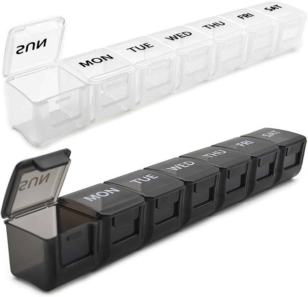 2 Pack organizador semanal de píldoras, gran caso de 7 días, caja de medicina de caso de vitaminas diarias, contenedores de píldoras AM/PM para suplementos de medicina Aceite de pescado(White &amp; Black)