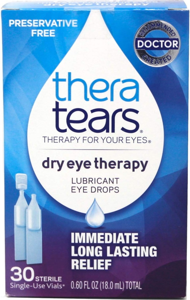 TheraTears Eye Drops for Dry Eyes, Dry Eye Therapy Lubricant Eyedrops, Preservative Free, 30 Count Single-Use Vials