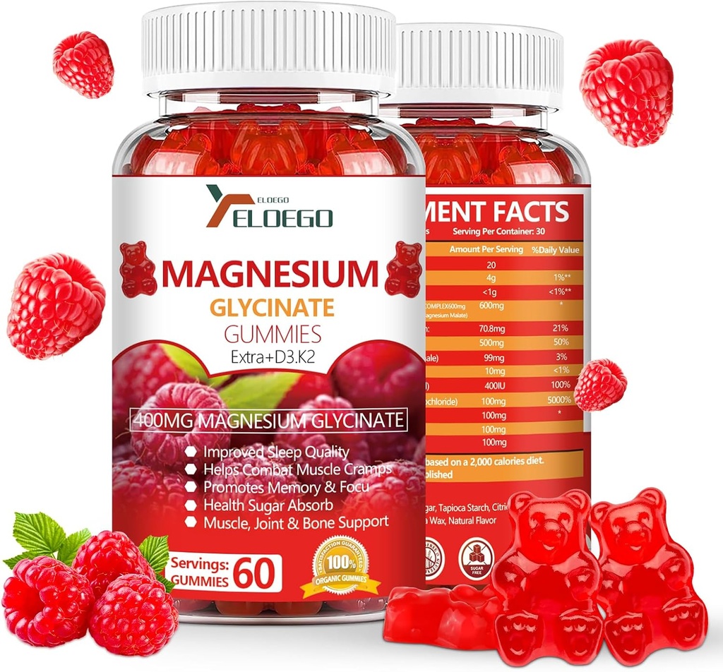Magnesium Glycinate Gummies 600mg (Magnesium Malate 200mg), Extra K2 &amp; D3, High Absorption Magnesium Supplement for Sleep,Stress Relief, Nerve Support, Raspberry (60 Count)