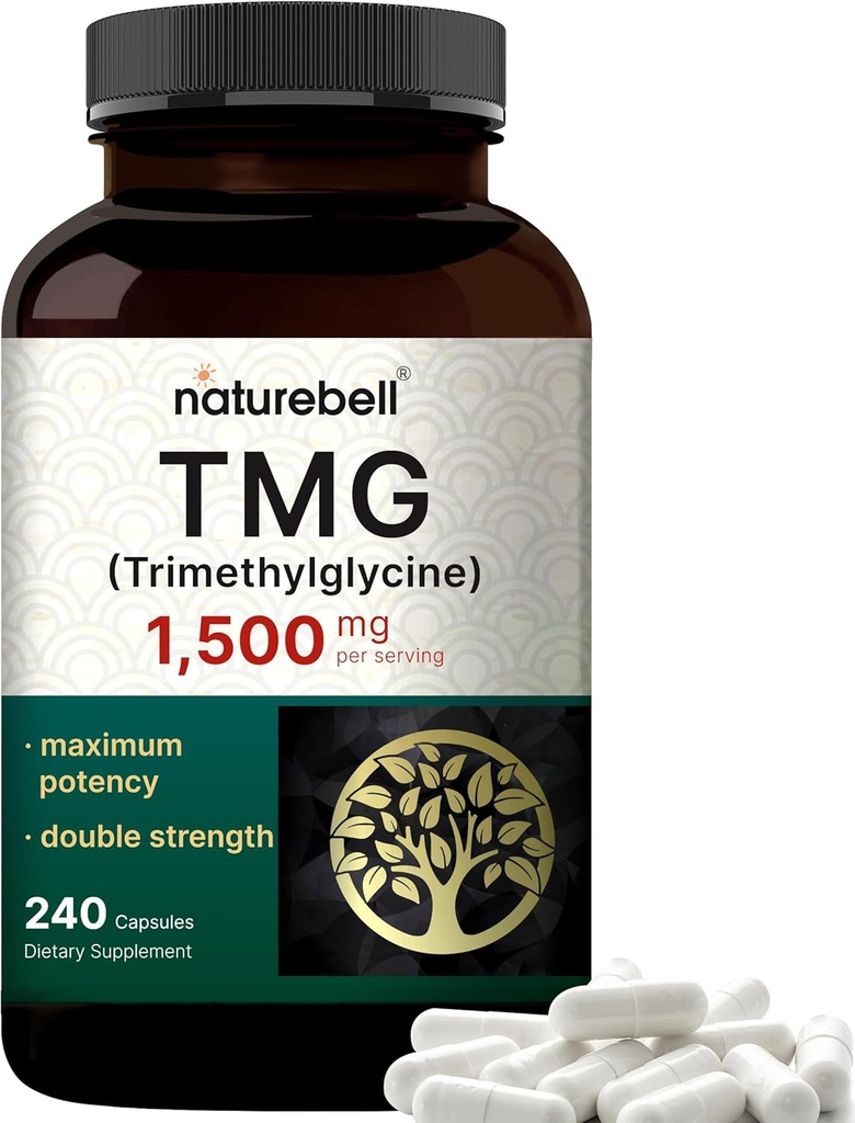 NatureBell TMG Suplementos 1.500mg, 240 cápsulas ← Max Strength Betaine Anhydrous Trimethylglycine – Apoya el equilibrio saludable Homocysteine, Corazón &amp; Salud del hígado – No GMO, Gluten Gratis
