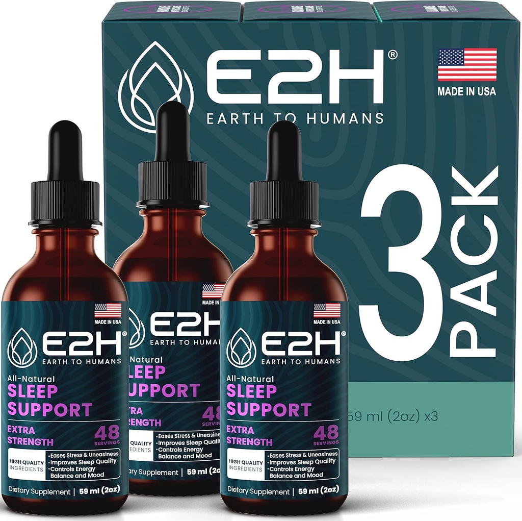 E2H Natural Sleep Aid - Liquid Melatonin with Chamomile, Theanine - Sleep Better, Deeper, Longer - Vegan, GMO-Free - Proporciona Stress Relief (3 Bottles)