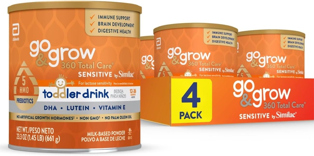 Go &amp; Grow 360 Total Care Sensitive by Similac Toddler Nutritional Drink With 5 HMOs, Powder, 23.3-oz Can, Pack of 4