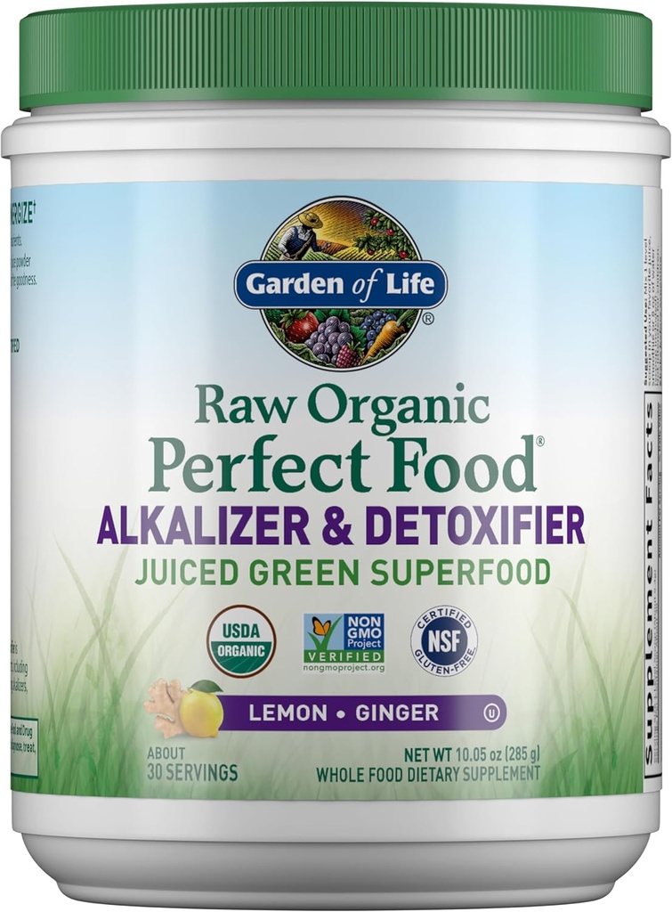 Jardín de la vida crudo orgánico perfecto Alimento Alkalizer " Detoxifier Juiced Greens Superfood Powder - Lemon Ginger, 30 Servings - Non-GMO, Gluten Free Whole Food Dietary Supplement, Plus Probiotics