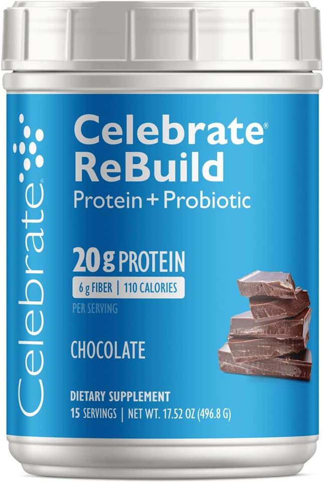 Celebrar vitaminas Rebuild pólvora de proteína con probióticos " Prebióticos - 20g Whey Isolate Proteína, fibra alta, para pacientes de cirugía post-bátrica - Chocolate (15 Servimientos)