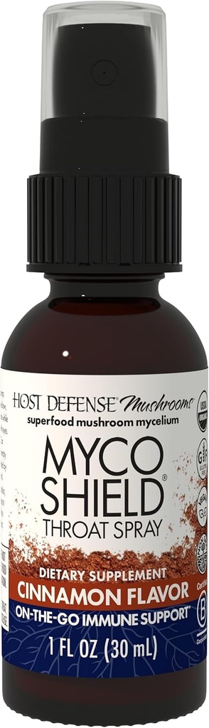 Host Defense MycoShield Throat Spray - Immune Health Support - Dietary Mushroom Supplement with Chaga, Reishi, Turkey Tail &amp; More - On-The-Go Immune Support - Cinnamon Flavor, 1 fl oz (71 Servings)*