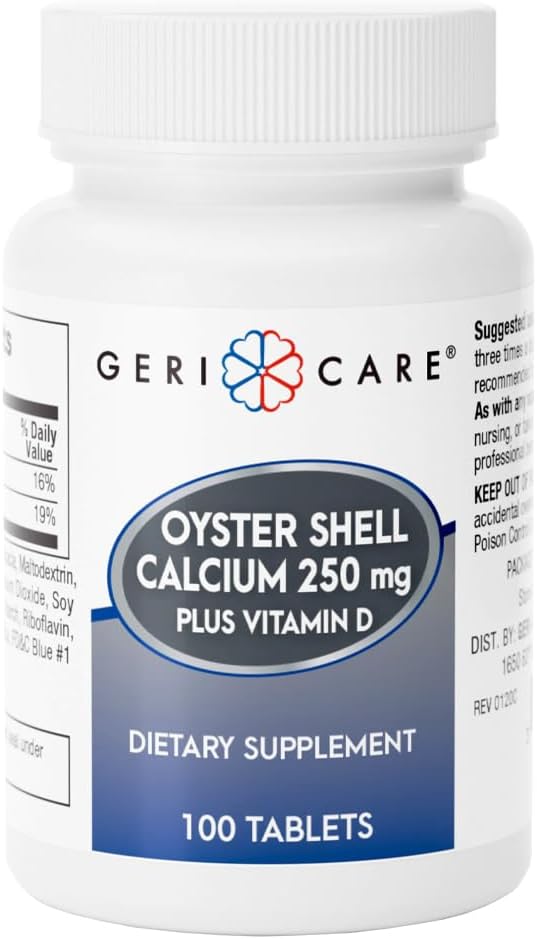 Gericare Oyster Shell Calcium 250mg, Vitamina D 125IU Tablets, Bone Health Nutritional Supplement, 100 Count (Pack of 1)