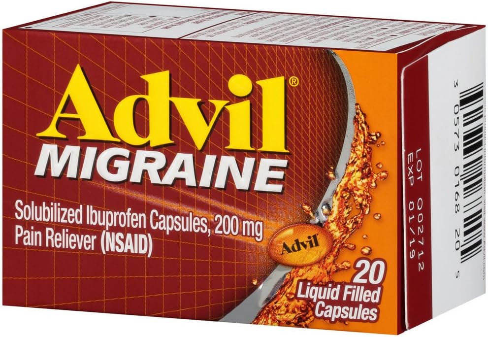 Alimentador de Dolor Migrano Advil, Ibuprofeno Solubilizado 200mg, 20 Cuenta, cápsulas llenas de líquido, Alivio Migrano Poderoso