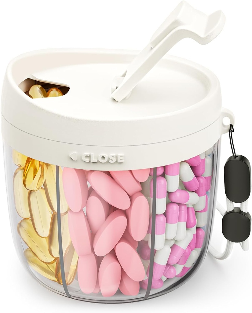 Dispensador lindo con 7 grandes componentes, organizador de botellas portátiles con apertura amplia para uso fácil, organizador de píldoras anti-mix para viajes, contenedor libre de BPA, blanco
