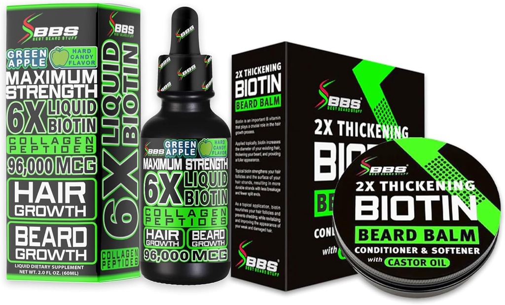 Beard Growth Kit w / 2X Thickening Biotin Beard Balm & Mustache Wax + 6X Liquid Biotin with Collagen Peptides for Facial Hair Growth - Formulated in America