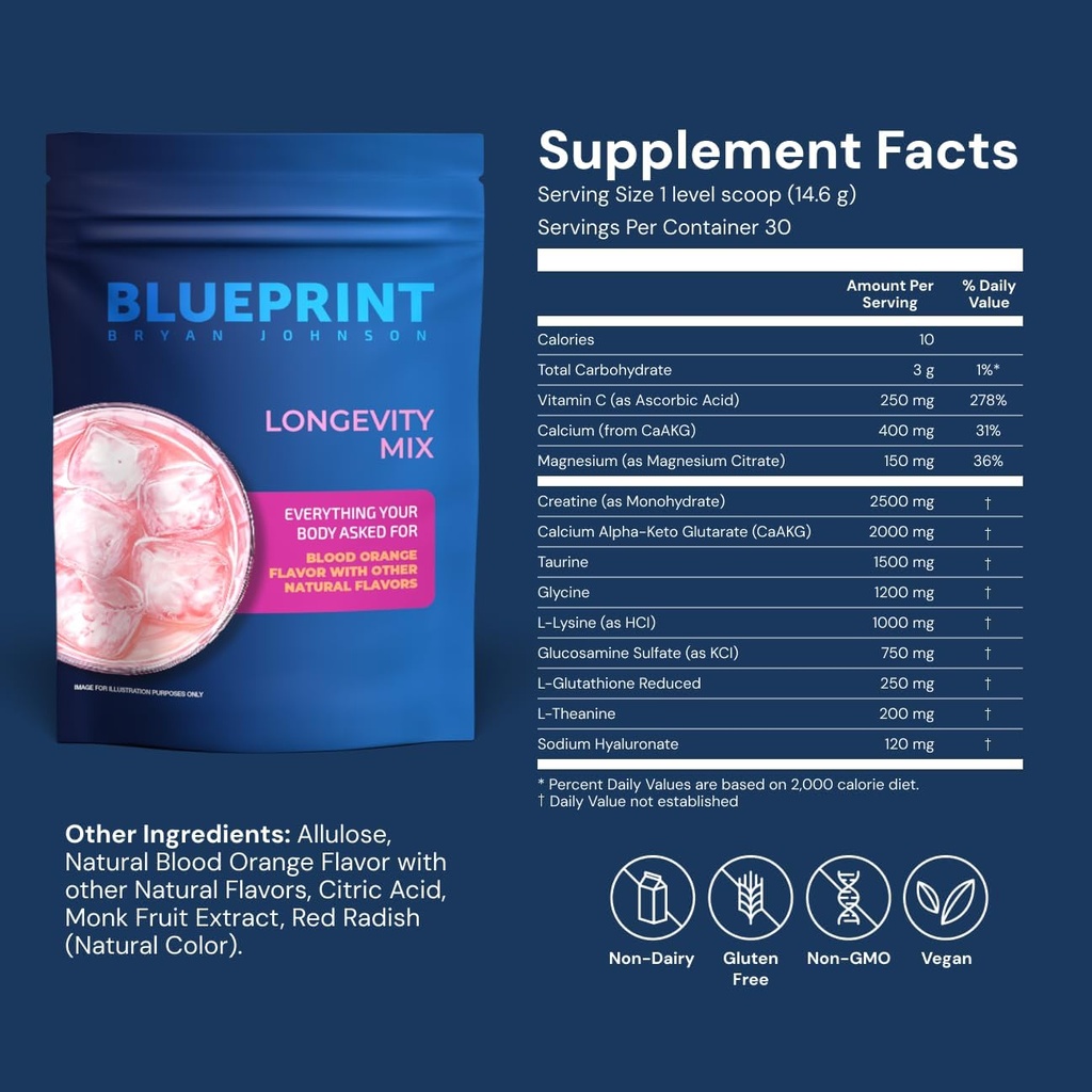 Blueprint Bryan Johnson Longevity Mix - Muscle Builder &amp; Recovery Supplement - Promotes Focus and Balanced Mood - Magnesium, Creatine, L-Theanine, Glutathione &amp; Vitamina C- 30 Servings, Blood Orange