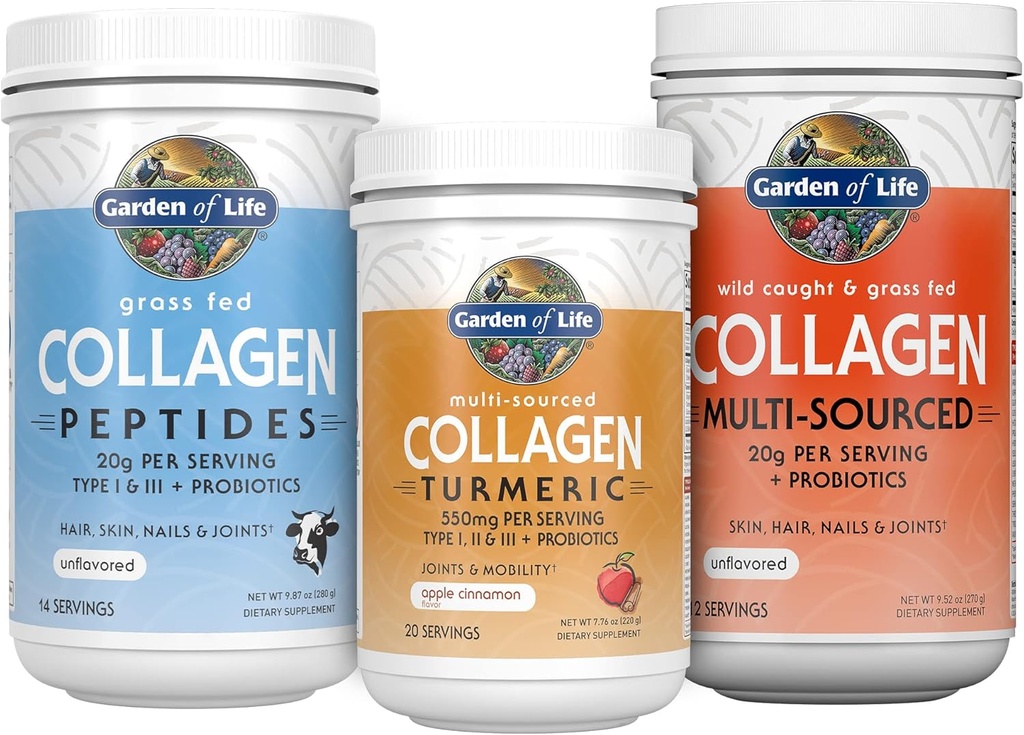 Jardín de la vida Collagen Bundle: Péptidos de grano Desarrollados 14 Serviciones + Collagen Turmeric Apple Cinnamon 20 Serviciones + Colágeno multicolor Pólvora desarmado 12 Scoops, Pelo, Piel, Piel, Manguitos de uñas