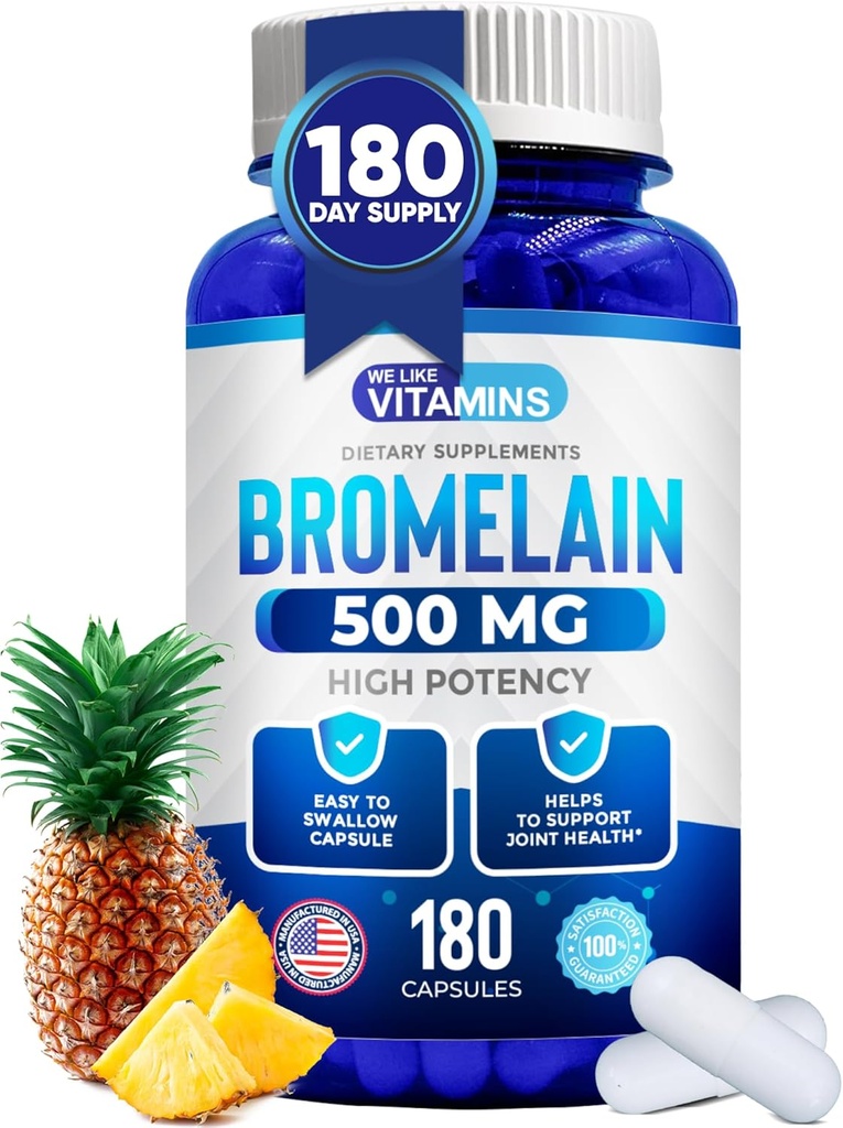 Nos gusta las vitaminas Bromelaina 500mg cápsulas - 1200 GDU/Serving - Suplemento de bromelaina del extracto de piña - Enzimas proteolíticas para la digestión, absorción, dolor conjunto, hermandad muscular - 180 cápsulas
