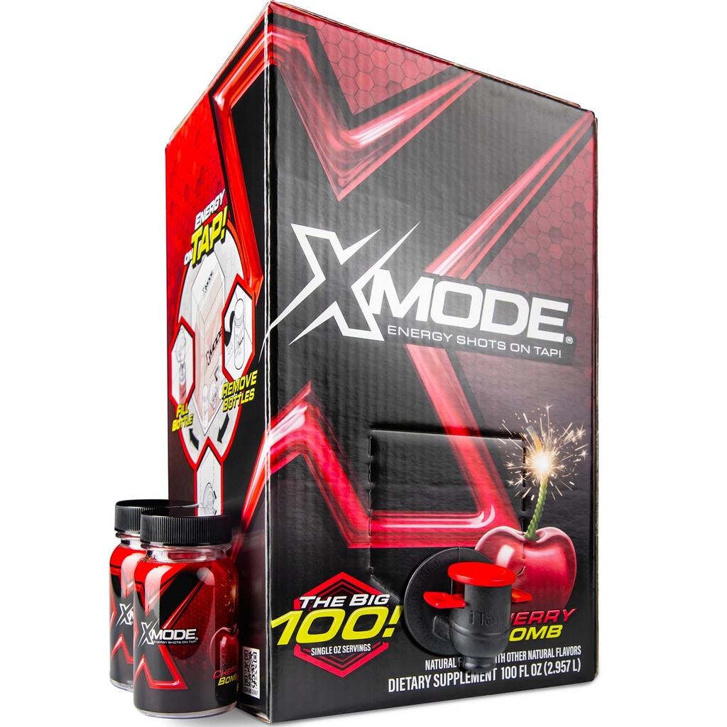 XMODE Extra Strength Energy Shots on Tap – Cherry Bomb Flavor, Sugar Free, 150mg Caffeine per oz, B12, 100 (1oz) Servings, Dispenser with 2 Refillable Bottles