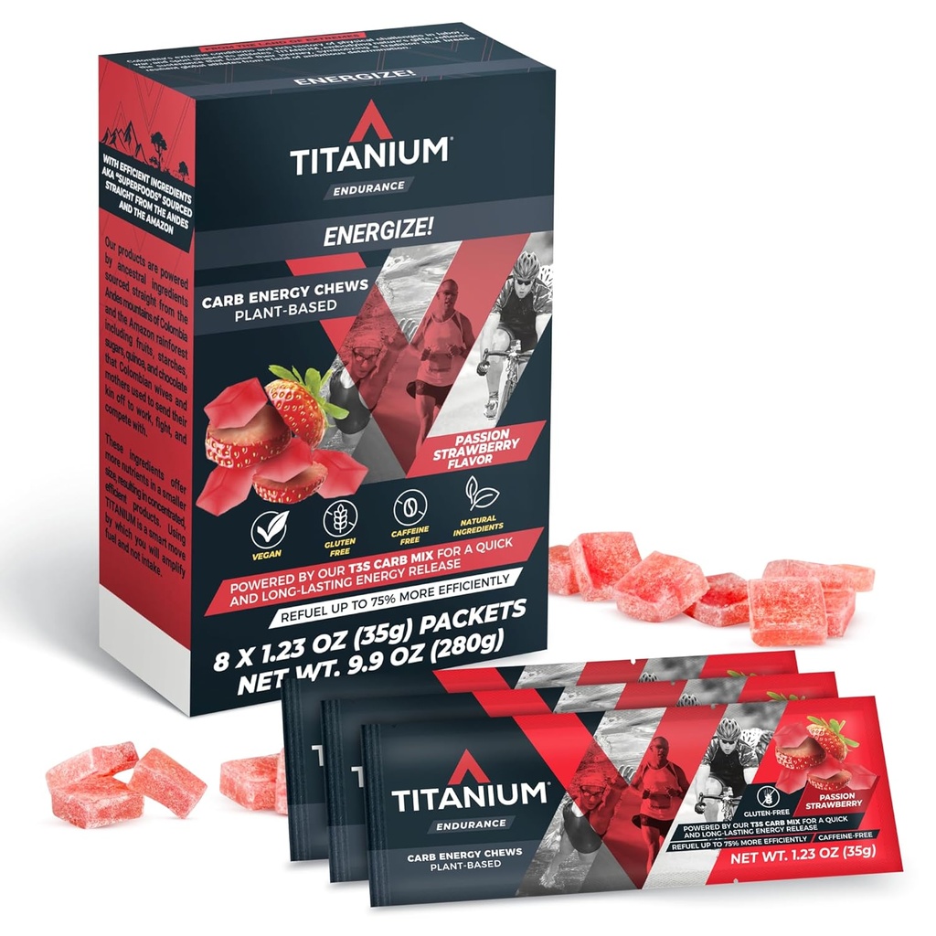 TITANIUM Energy Chews for Running, Cycling - Plant-Based Natural Endurance Gummies to Re Fuel - Energy Supplements - Preworkout Snack Bloks - Faster Than Energy Gels - No Caffeine - 8 Conde