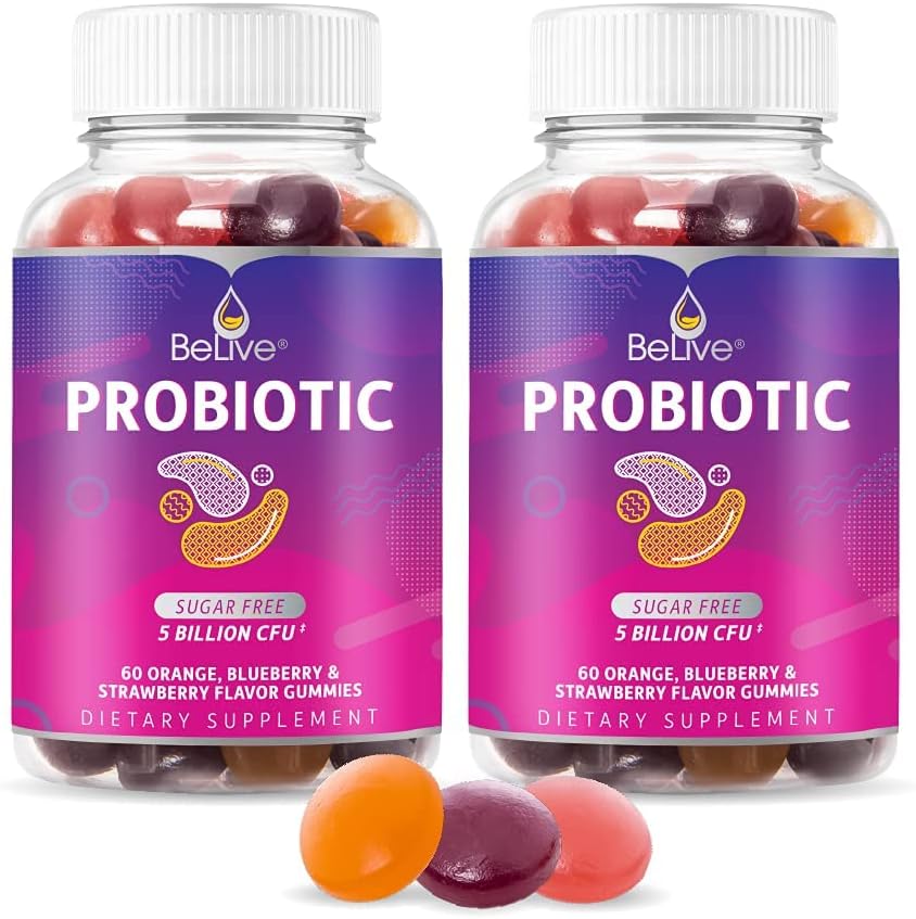 BeLive Probiotic Gummies - Probiotics with 5 Billion CFUs for Digestive Health, Hombres, Women &amp; Kids Probiotic Supplements for Immune Support, Sugar Free & Vegan – Blueberry, Strawberry & Orange ← 2-Pack