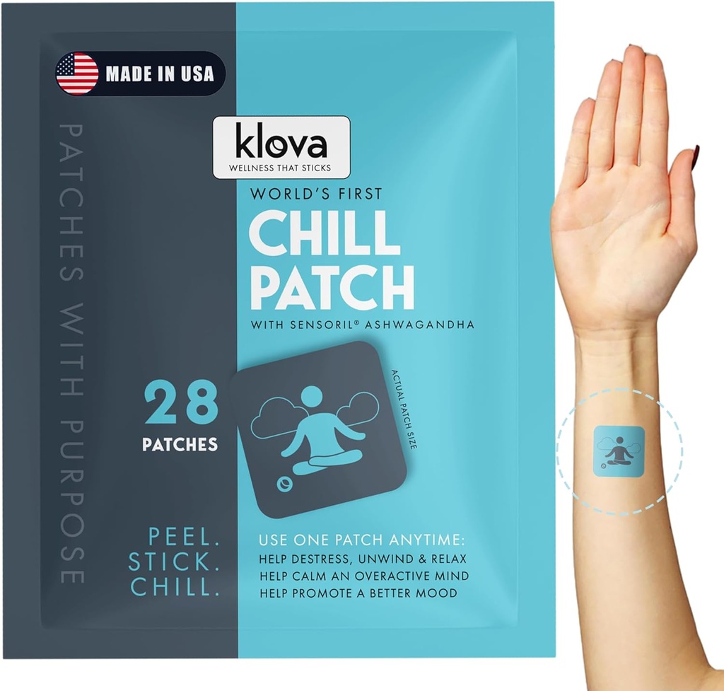 Patches Klova Chill con Sensoril Ashwagandha, Rhodiola Rosea, Flores de Pasión, Extracto de raíz de jengibre, L-Theanine, GABA y otros ingredientes naturales para ayudar a la amante, relajarse y relajarse