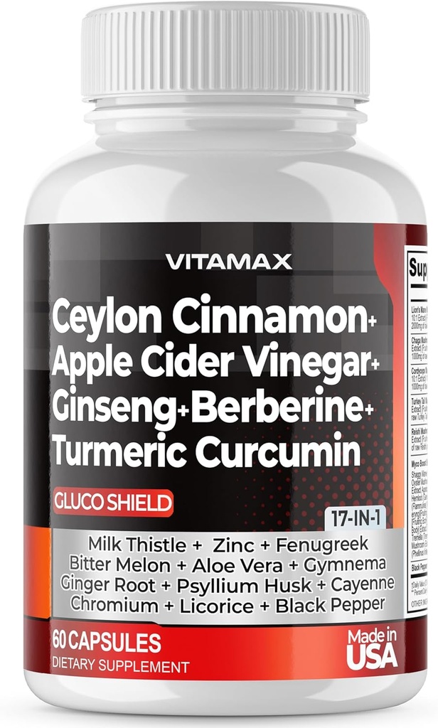 Ceylon Cinnamon, Apple Sider Vinegar, Turmeric - Gluco Health Support - Panax Ginseng, Berberine, Bitter Melon Milk Thistle Fenugreek - Non GMO – Made in USA – 60ct