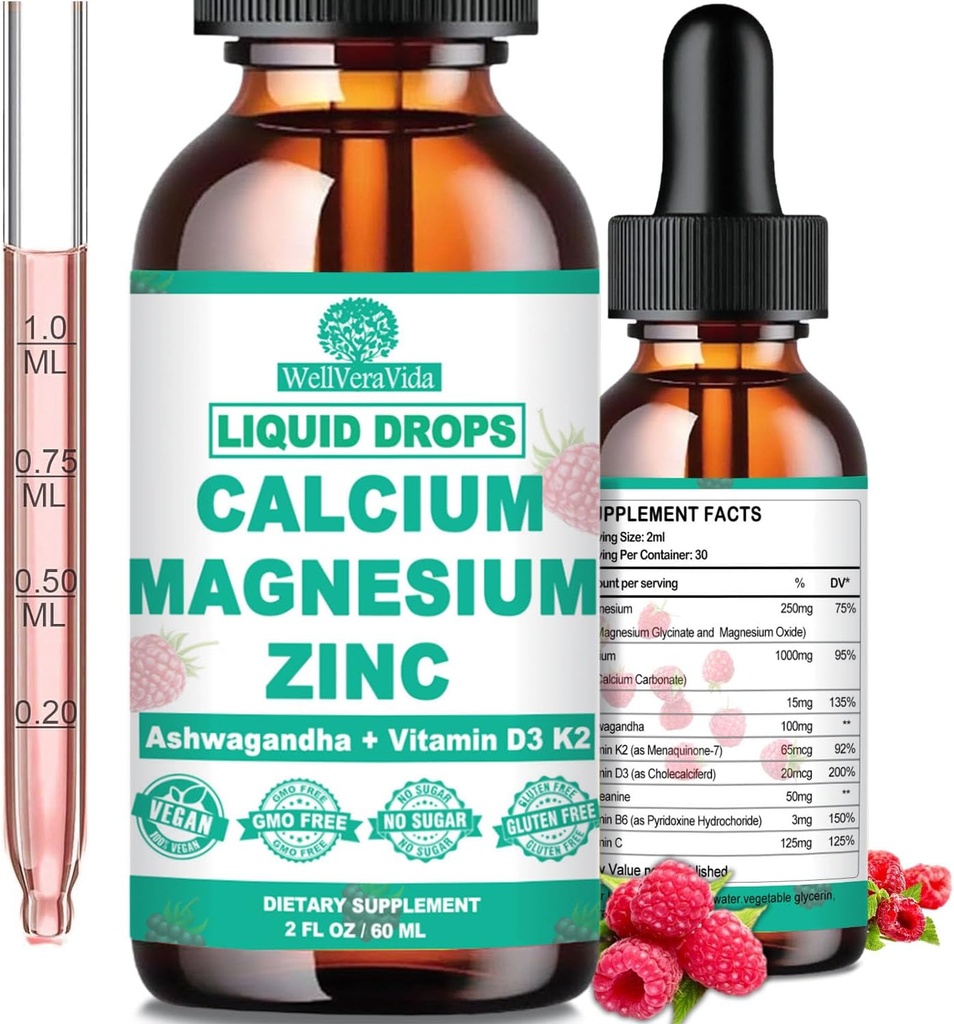 Calcio Magnesio Zinc D3 con calma Magnesio Glycinate Plus Ashwagandha, L-Theanina, Calcio líquido con vitamina D3 y suplemento de magnesio para inmuno, hueso, musculo, humor &amp; sueño