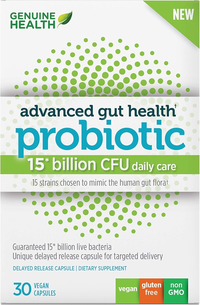 Genuine Health Advanced Gut Health Gentle-Care Probiotic, Helps Promote Digestive, Gastrointestinal " Gut Health, Multi-Strain Formula, 30 cápsulas
