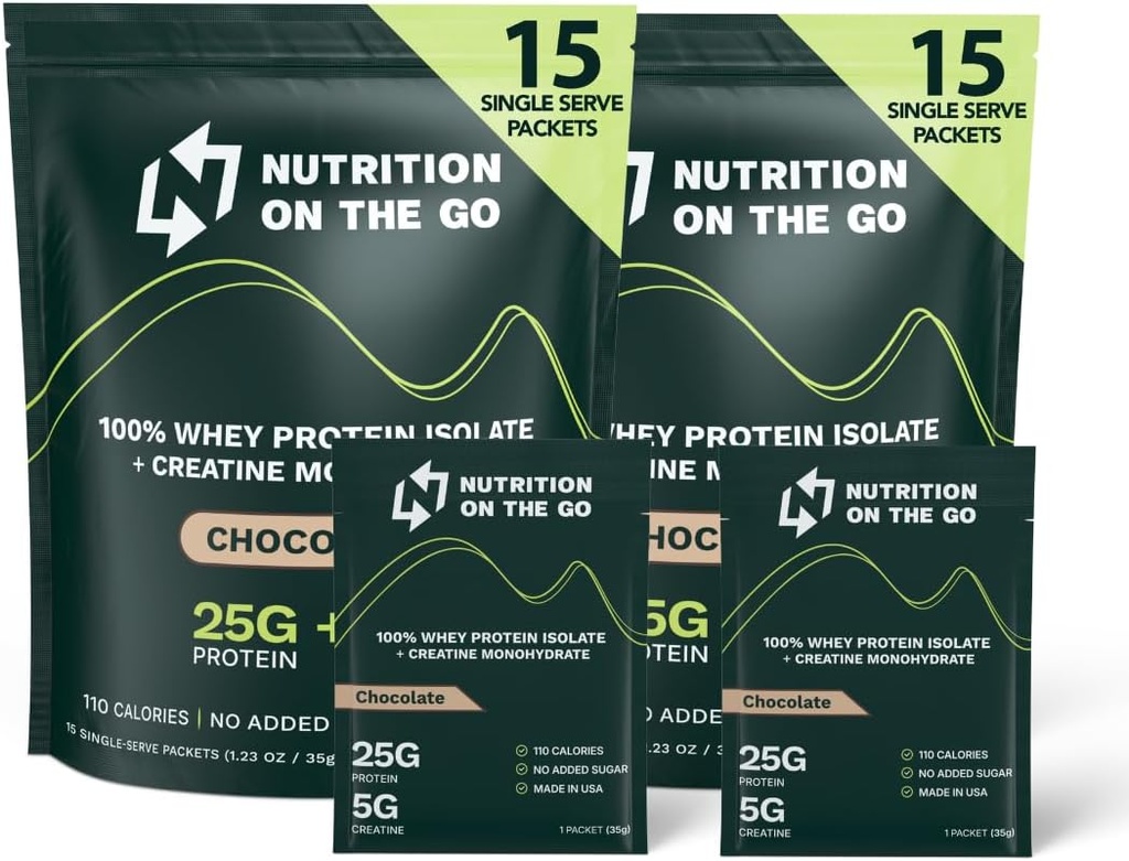 Nutrition On The Go Whey Protein Isolate Packets with Creatine – 25g Protein + 5g Creatine – Single-Serve Travel Protein Powder – Chocolate (30-Pack)