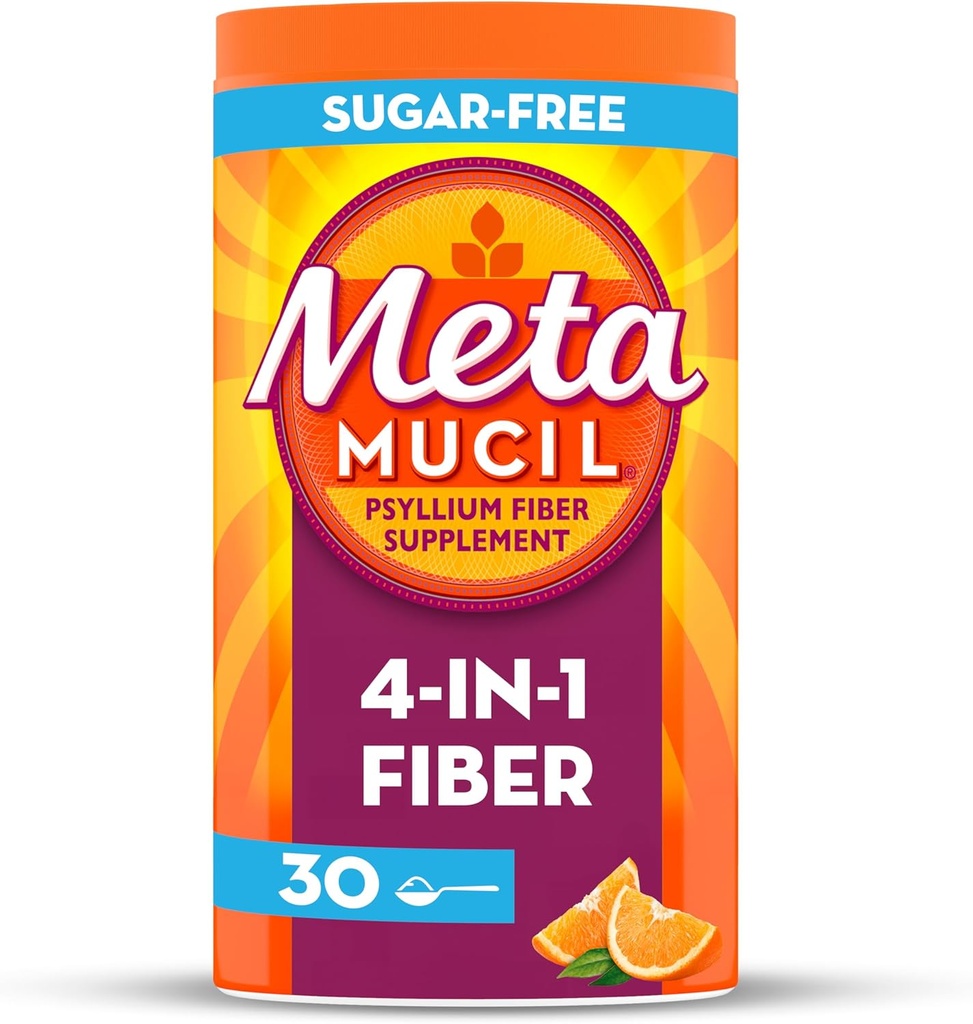 Metamucil 4 en 1 Pólvora de suplemento de fibra diaria, Polvo de fibra para la salud y la regularidad digestivas*, Libre de azúcar, Naranja, Fibra de Psilio de origen natural, 30 cucharaditas