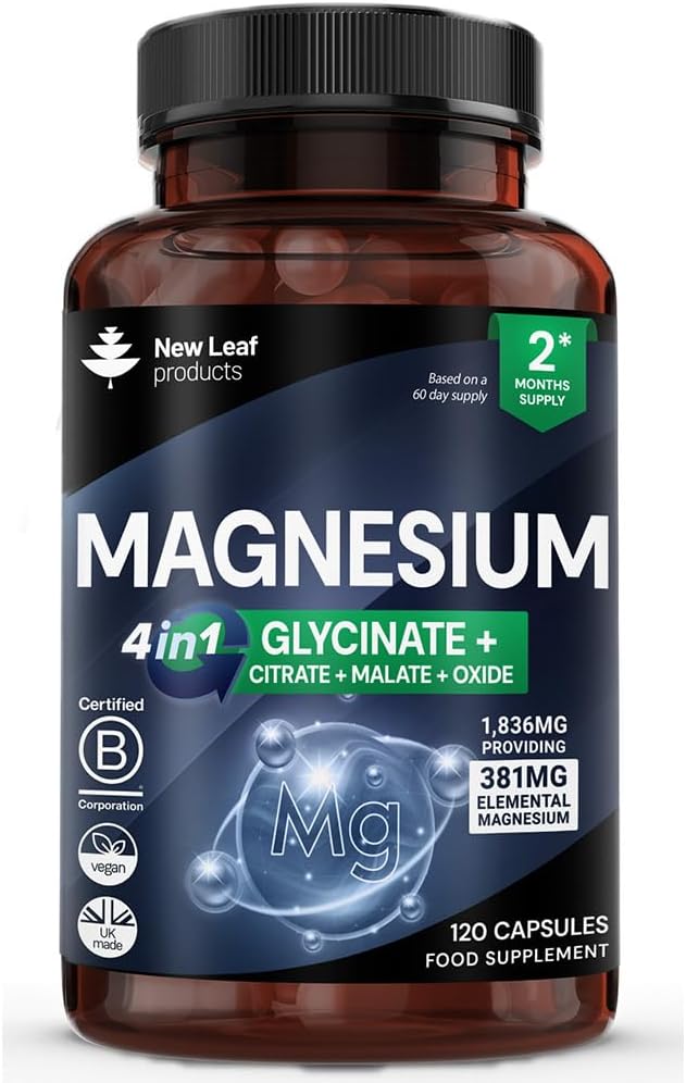 Magnesio Glycinate 4-in-1 Complejo 2000mg - 449mg Magnesio Elemental Suplementos de Magnesio de alta resistencia - Magnesio Bisglycinate,Citrate, Malate, Oxide - 120 Capsules - Vegan Reino Unido Hecho por Nueva Hoja