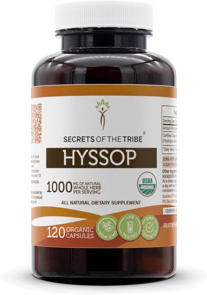 Secrets of the Tribe Hyssop USDA Organic Capsules | Certified Organic Vegetarian Capsules, Herbal Dietary Supplement | Hyssopus officinalis Dried Herb (120 Count)