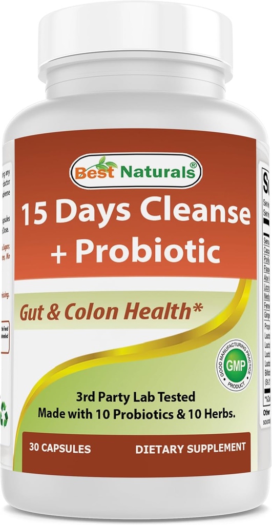 Best Naturals 15 Day Gut & Colon Cleanse + Probiotics for Women &amp; Men with Senna, Cascara Sagrada " Psyllium Husk- 30 Capsules - Non-GMO " Gluten Free.