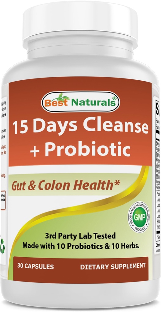 Best Naturals 15 Day Gut & Colon Cleanse + Probiotics for Women &amp; Men with Senna, Cascara Sagrada " Psyllium Husk- 30 Capsules - Non-GMO " Gluten Free.