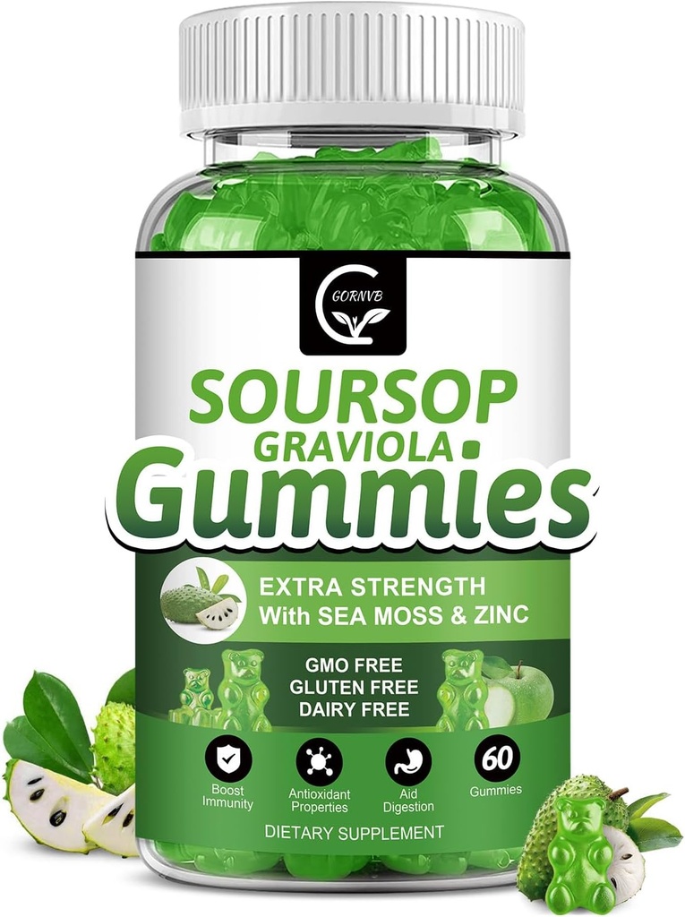 Orgánica Soursop Graviola Gummies - 2200mg Extra Strength Soursop Leaves Extract w/Sea Moss Extract 200mg, Zinc &amp; Vitamin C - Supports Immunity, Liver, Zzz & Antioxidant, Gluten Free, Vegan, 60 Gummies