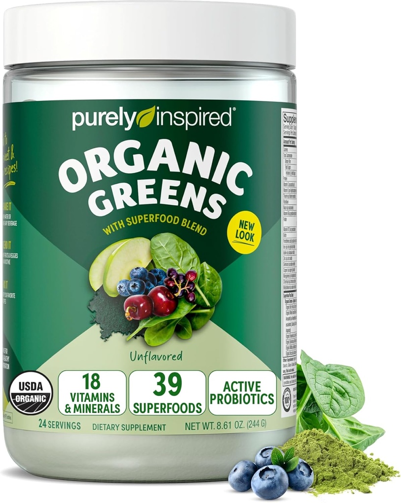 Puramente Inspirado Ecológico Verde Polvo Smoothie Mix, Desflavored (24 Servings) - Probióticos para la Salud Digestiva con Spirulina & Clorella para la Salud Gut - Vegan &amp; Gluten-Free