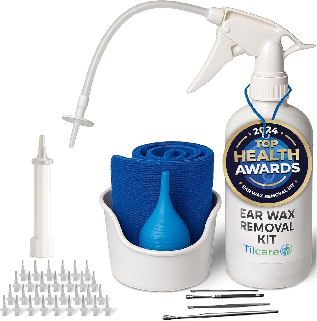 Herramienta de eliminación de cera de oído por Tilcare - Sistema de riego de oído para adultos &amp; niños - Kit de limpieza de oídos perfecto - Incluye la Cuenca, Syringe, Kit de Curette, Toalla y 30 Consejos Desechables