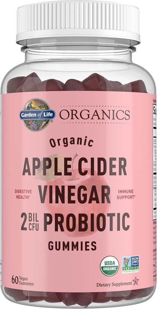 Jardín de la vida Manzana Vinagre Probiótico Gummies USDA Organic ACV Gummy Vitaminas, 2 Billones CFUs, Whole Food Vitamin B12-60 Vegan, No GMO Gummies for Digestion & Immunity