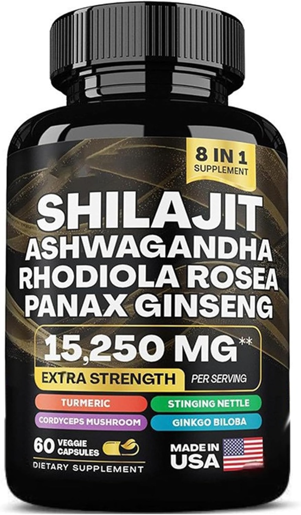 shilajit 9000 mg, Ashwagandha 2000 mg, Rhodiola Rosea 1000 mg, Panax Ginseng 1500 mg, cordones Setas 500 mg, Ginkgo Biloba 500 MG, Stinginging Nettle 250 mg, Tumeric 500 mg.