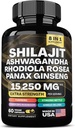 shilajit 9000 mg, Ashwagandha 2000 mg, Rhodiola Rosea 1000 mg, Panax Ginseng 1500 mg, cordones Setas 500 mg, Ginkgo Biloba 500 MG, Stinginging Nettle 250 mg, Tumeric 500 mg.